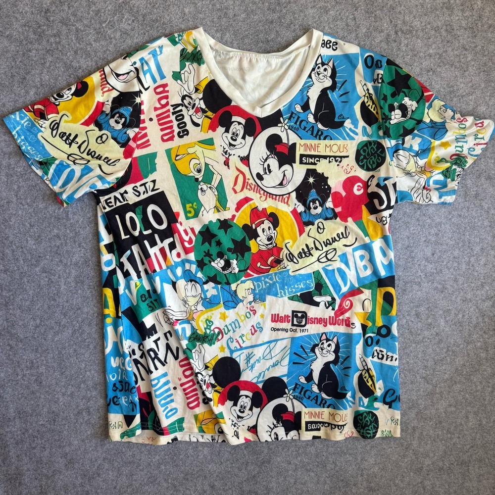 Disney All Over Print V Neck T Shirt No Size Tag Retro Collage Multicolor 20x28